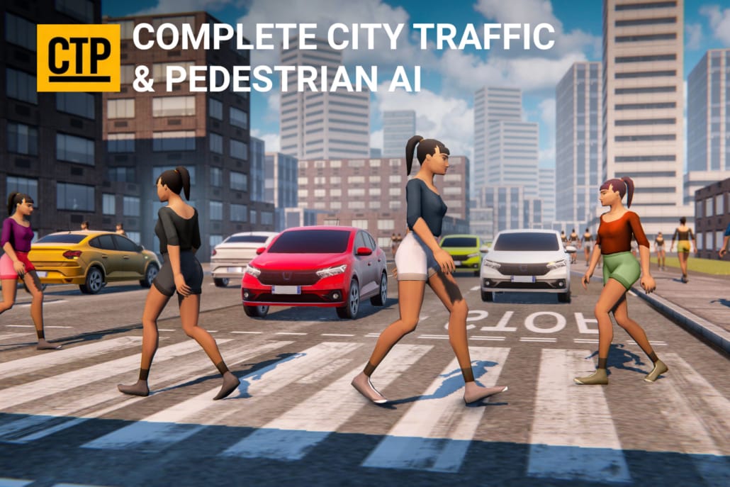 Unity traffic and pedestrian system — pedestrians crossing while cars wait at the line in a city scene