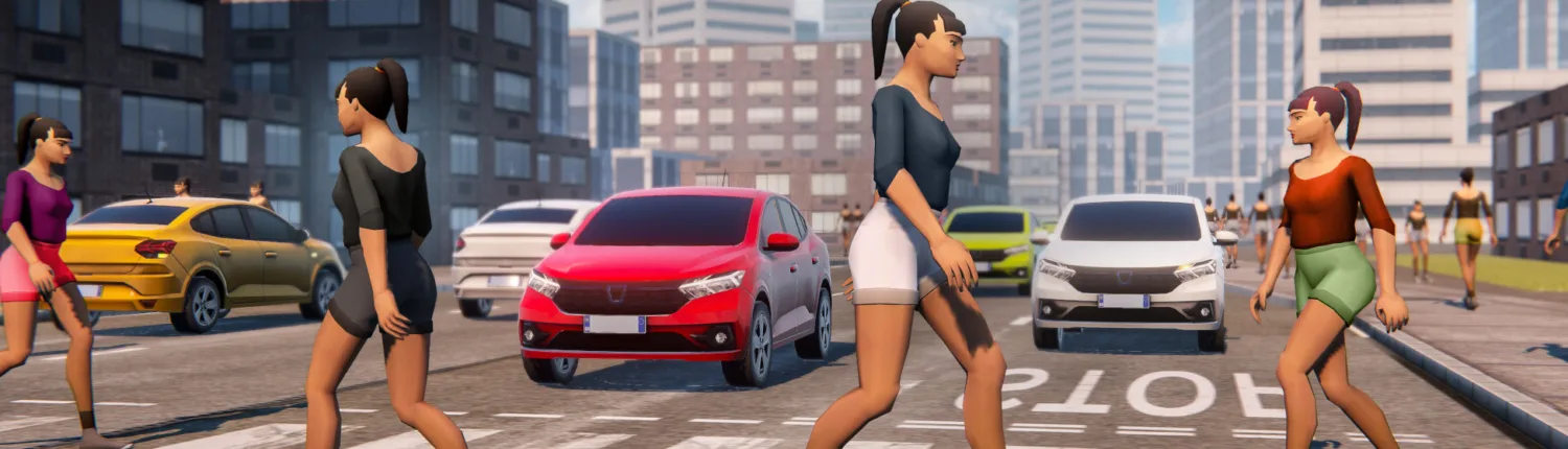Complete City Traffic and Pedestrian System for Unity Unity traffic and pedestrian system — pedestrians crossing while cars wait at the line in a city scene
