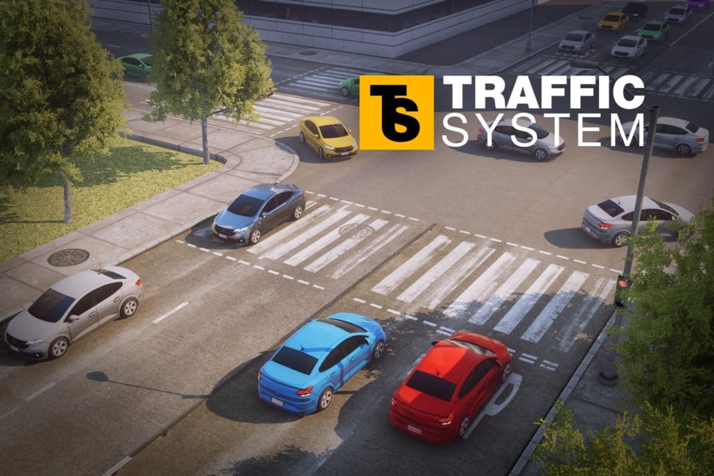Unity traffic system: AI cars stopped at a red light on a city crossing, with more traffic queueing across the junction