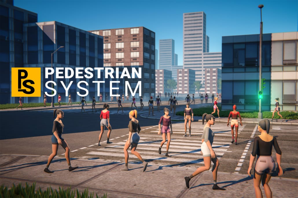 Unity pedestrian system: a crowd of AI pedestrians crossing a city street on a zebra crossing at a green pedestrian light