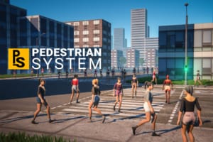 Unity pedestrian system: a crowd of AI pedestrians crossing a city street on a zebra crossing at a green pedestrian light