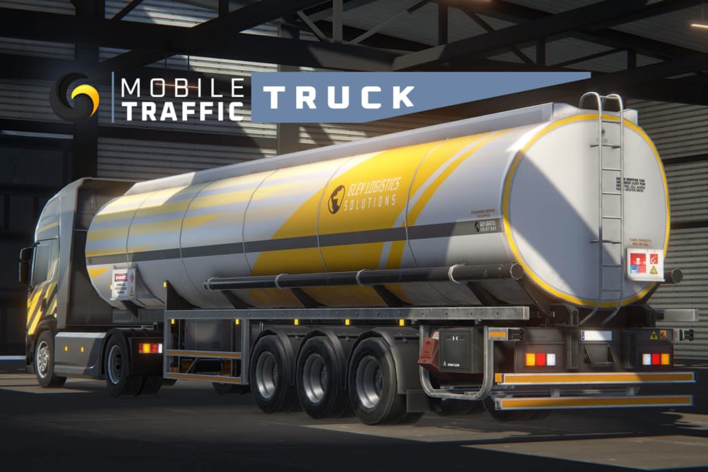 Mobile Traffic Truck — Unity low-poly semi truck with tanker trailer in Gley Logistics livery, parked in a hangar