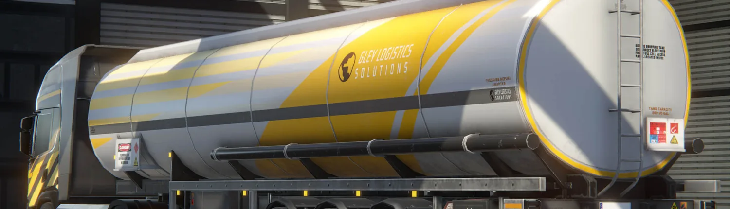 Mobile Traffic Truck - Unity semi truck and tanker trailer Mobile Traffic Truck — Unity low-poly semi truck with tanker trailer in Gley Logistics livery, parked in a hangar